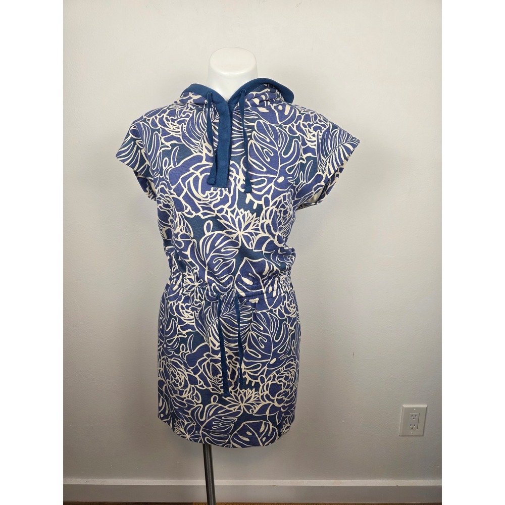 Title Nine Supa Womens XS Blue White Tropical Floral Hooded Drawstring Dress